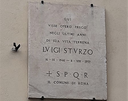 Roma, lapide commemorativa di don Luigi Sturzo, sulla sua ultima dimora in via Don Orione